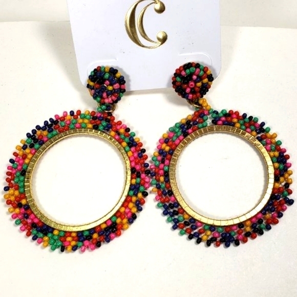 Stunning Hypoallergenic Gold-Tone Beaded Hoop Drop Earrings – Colorful Statement - Picture 3 of 8